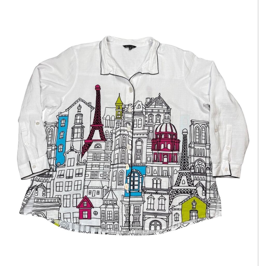 John Mark Colorful Artsy Paris Long Sleeve Button Front Tunic Women's 2X White